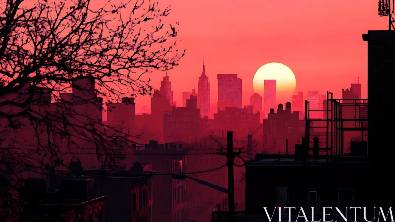 Sunset city skyline wrapped in glowing red warmth.