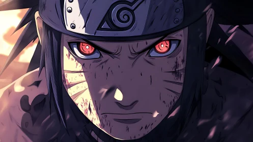 Intense ninja close-up shows glowing eyes and battle resolve.