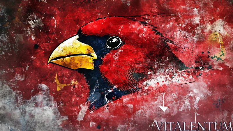 Red cardinal head bursts from distressed abstract backdrop