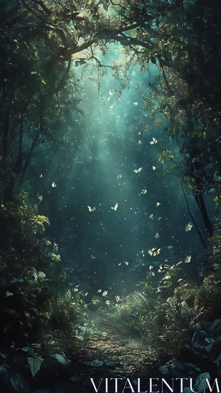 Volumetric twilight canopy with luminescent butterflies in flux.