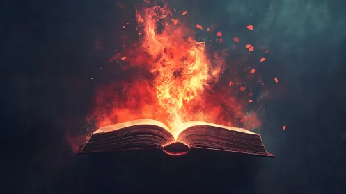Open Book Engulfed in Intense Flames and Smoke