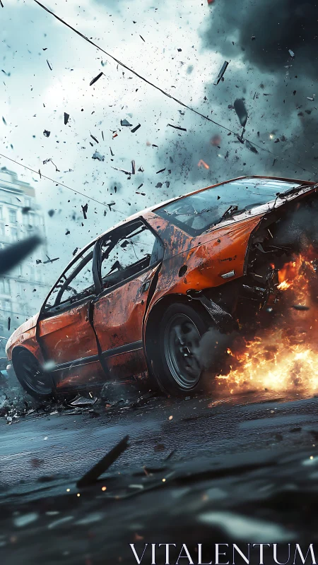 Cinematic digital rendering of an exploding street car scene.