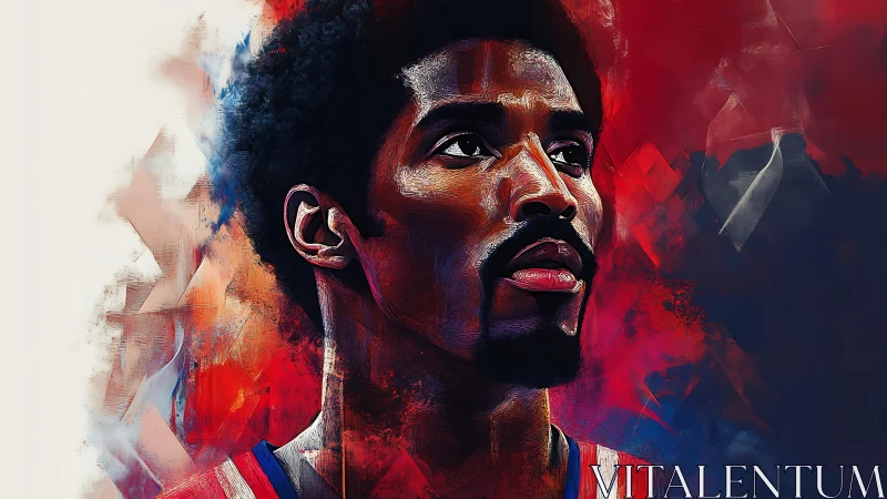 Basketball player portrait rendered in bold digital colors.