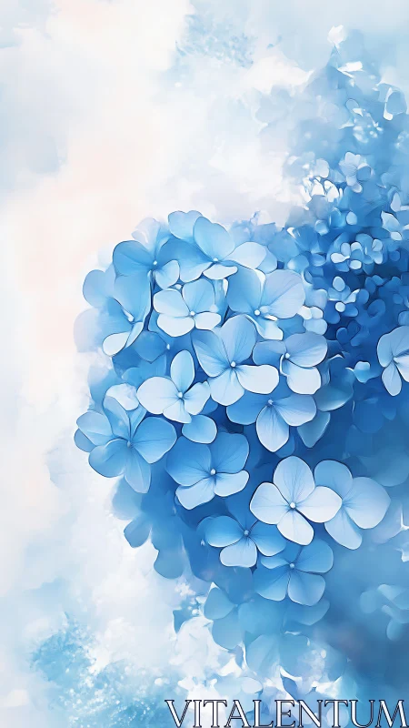 Blue hydrangea cluster rendered with luminous watercolor technique and soft atmospheric diffusion.