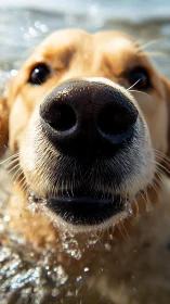 Wet-nosed swimmer claims the whole frame with joyous curiosity