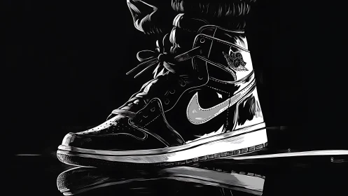 Monochrome high-top sneaker illustration in bold contrast.