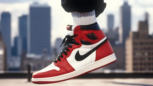 Red and white Nike high-top sneaker against city skyline.