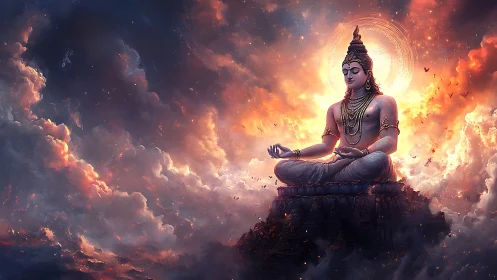 Radiant meditative deity seated above fiery celestial clouds.