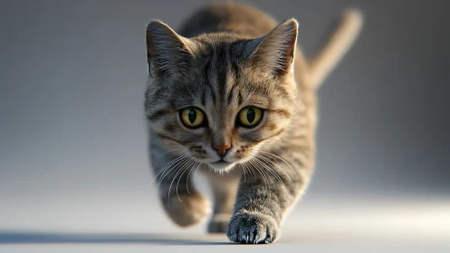 A Curious Tabby Cat Walks Toward You With Golden Eyes
