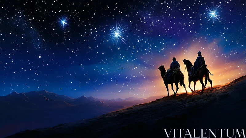 Riders on camels traverse a ridge under a dense starfield