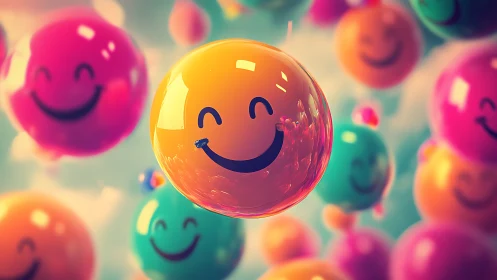 Orbiting joy-spheres drift through a neon pastel sky of grins.