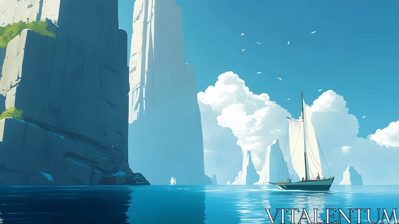 Sailboat moves through tall coastal cliffs under clear sky