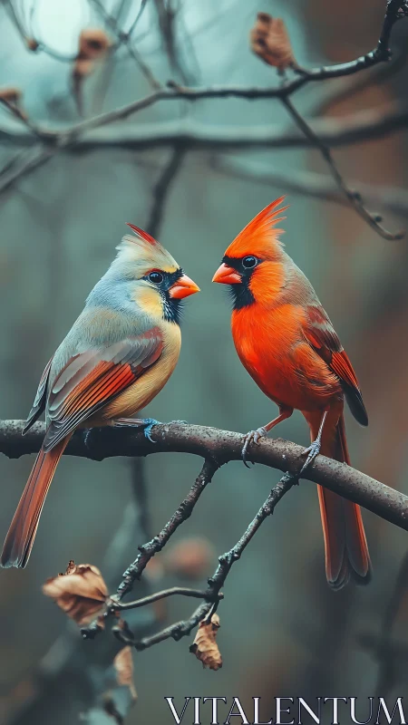 Cardinal pair balance vivid plumage on muted winter branch.