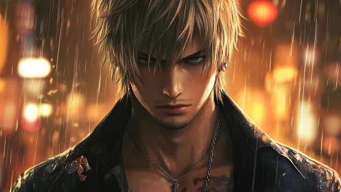 Brooding anime antihero stands defiant in neon city rain.