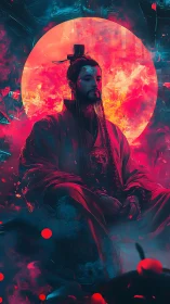 Imperial mystic meditating before a blazing crimson moon.