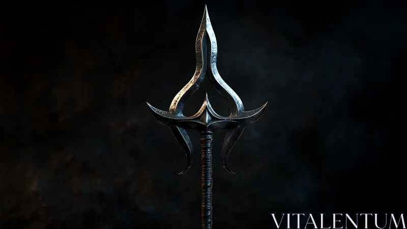 Forged trident spear with curved blades under dramatic light