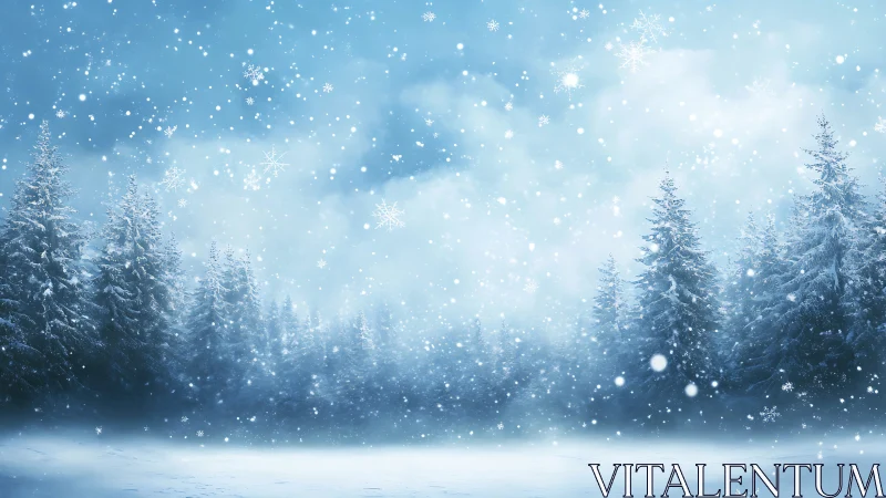 Snowflake-dusted pine forest dreaming under pale winter sky.