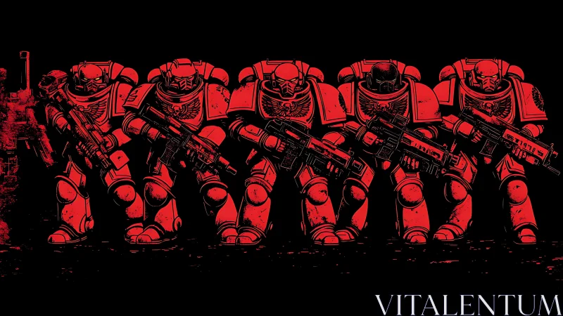 Armored sci fi infantry line in stark red monochrome formation.