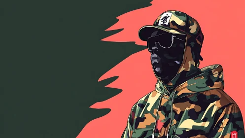 Camouflage‑clad figure stands against split green and red field