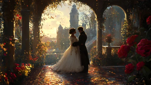 Couple standing in ornate garden archway at sunset.