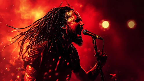 Rock vocalist screams into stage microphone under red lights