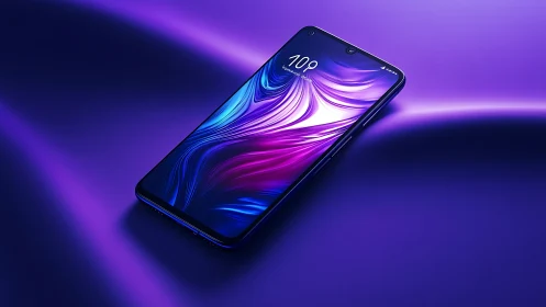 Bezel less smartphone rests on luminous violet gradient surface