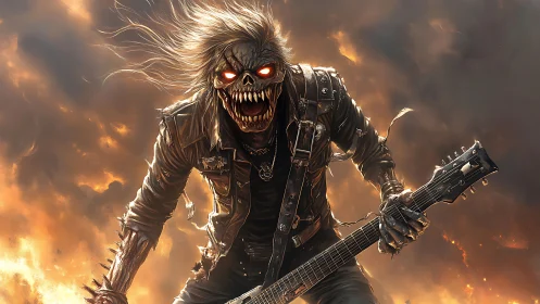 Fiery undead rock guitarist unleashing a wild inferno solo.