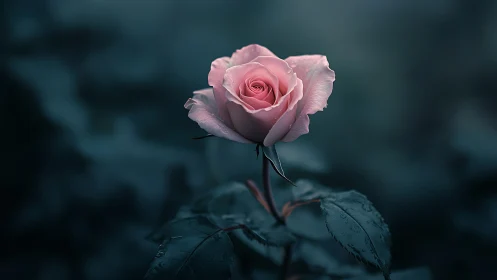 Delicate Pink Rose Blooming in Moody Atmosphere