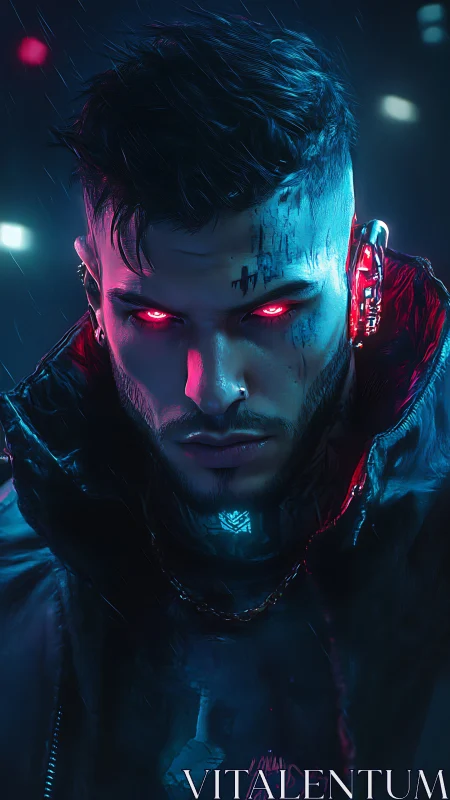 Neon-eyed cyberpunk drifter beneath rain-soaked city glow.