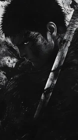 Brooding anime swordsman in dark monochrome portrait.