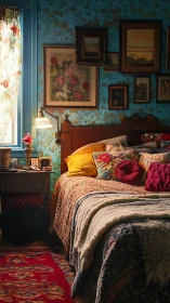 Vintage bedroom glows in warm lamplight and floral decor.