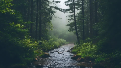 Misty Forest Stream: Nature's Peaceful Embrace.