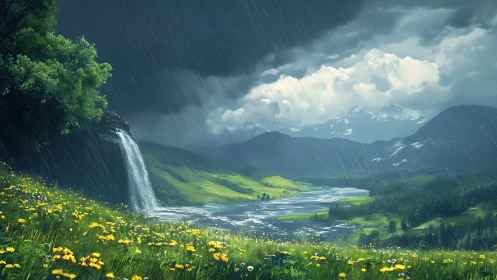 Stormlit valley waterfall pours into winding river basin