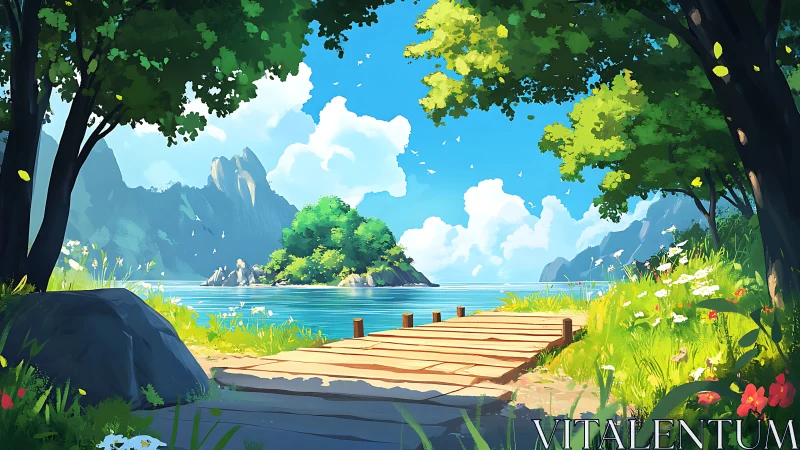Serene Mountain Lake Vista with Wooden Dock and Floating Island Sanctuary.