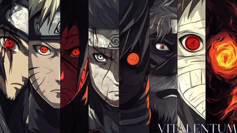 Intense anime portraits align with glowing red eyes and fire.