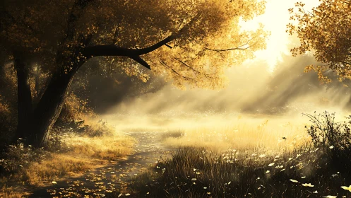 Golden forest path under radiant morning sunlight glow.