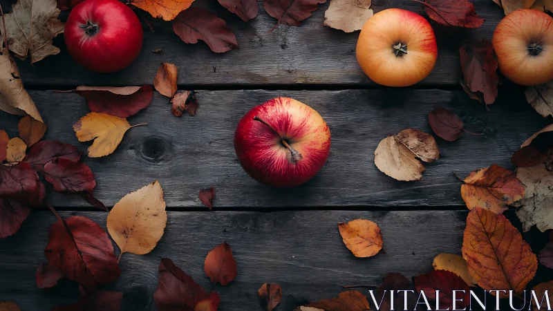 Autumn apples rest on rustic wood with scattered leaves.