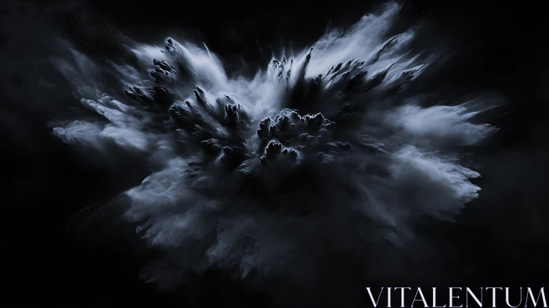 Monochrome dust explosion blooms against a deep void