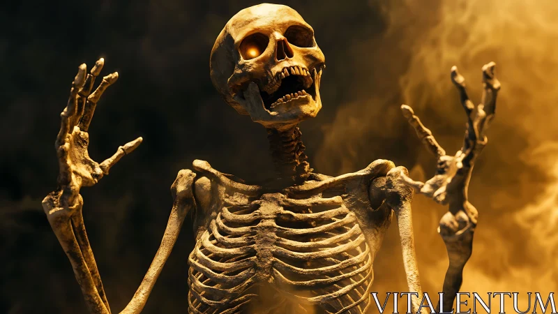 Flaming-eyed skeleton rises laughing through alchemical smoke.