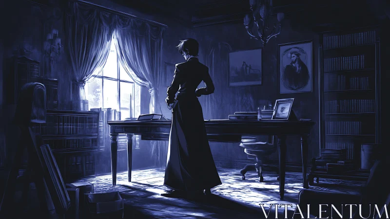 Moonlit thinker in a quiet, book-lined midnight study.