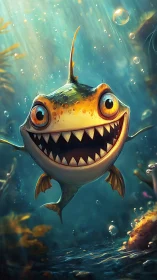 Grinning piranha comet rockets upward through sunlit blue