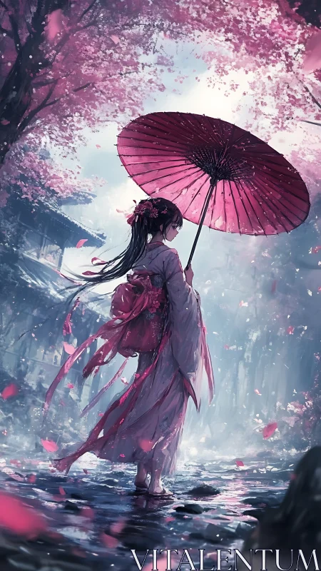 Cherry blossom reverie with crimson umbrella and soft rain.