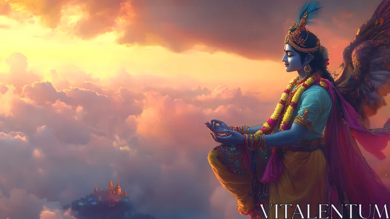 Celestial blue deity meditating in radiant cloud kingdom.