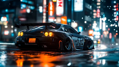 Night drift car glows beneath neon-lit cyberpunk city rain.