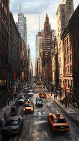 Urban street canyon presents mid-day traffic and tall buildings