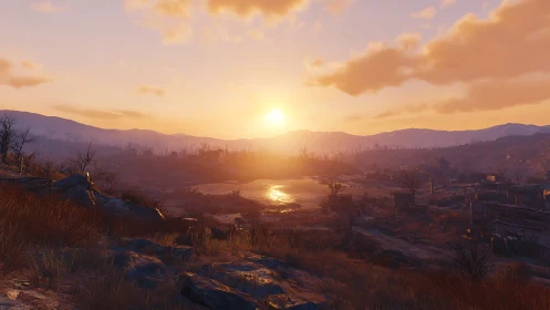 Post apocalyptic wasteland sunset over dried river basin.