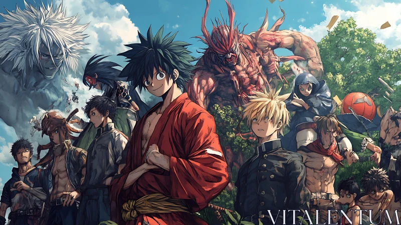 Bold anime heroes stand united against monstrous foes