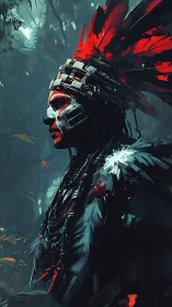 Profile portrait integrates red warpaint, feathered headdress, dense foliage
