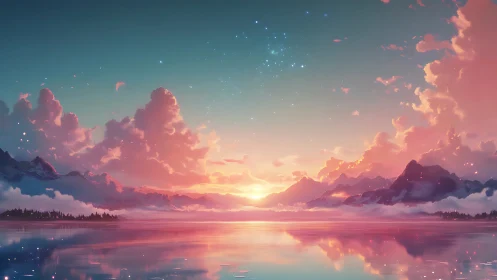 Digital landscape with mountains, lake reflection, and sunset.