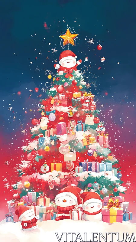 Vertically framed kawaii Christmas tree packed with stylized gifts